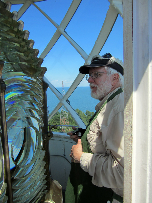 Photo: Devils Island Light Fresnel from inside tower lamp room, Apostle Islands, Lake Superior, Wisconsin.