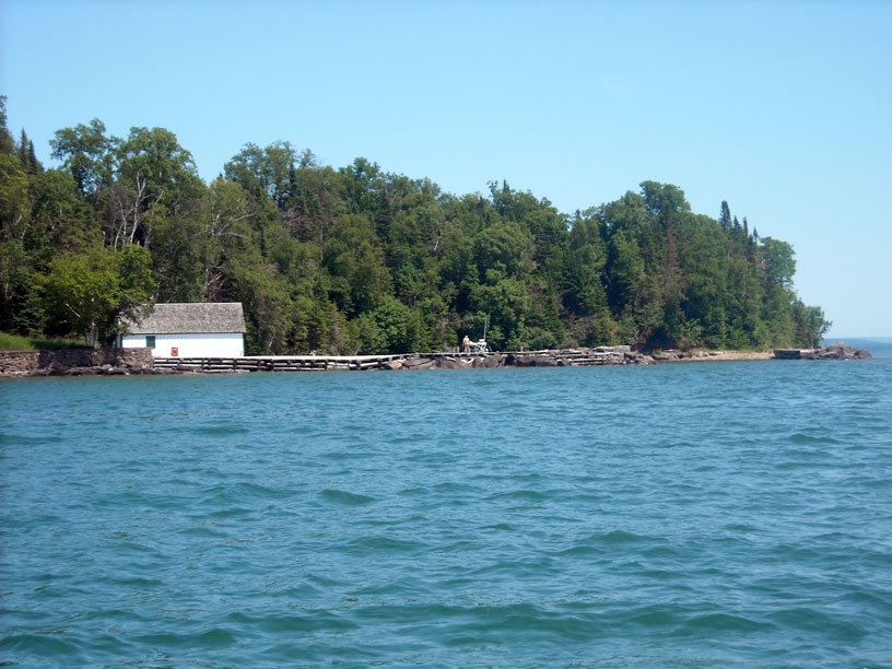 Photo: Devils Island small boat harbor seen from seaward, Apostle Islands, Lake Superior, Wisconsin.