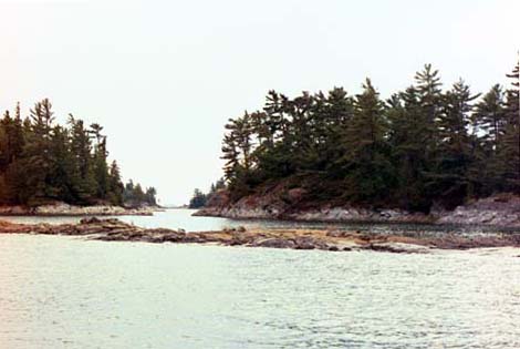 [Photo: Side channel unmarked by buoys.]