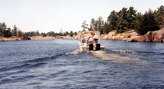 [Photo: Wide and deep channel among rocky islands, NE Georgian Bay.]