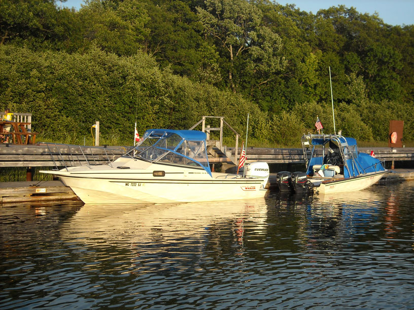 Photo: Two classic Boston Whaler boats at Killbear Marina, Parry Sound region, Ontario.