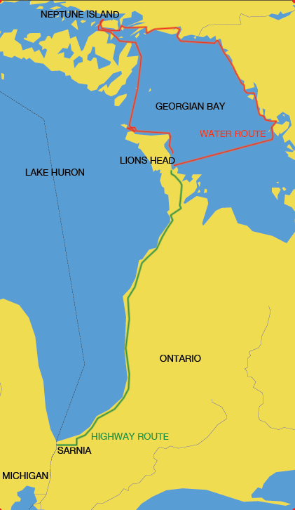 Graphic: Map showing highway and water routes to and from Lions Head, Ontario