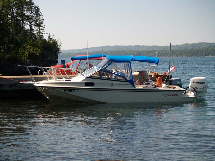 Photo: Boats raft at Raspberry Island's small dock