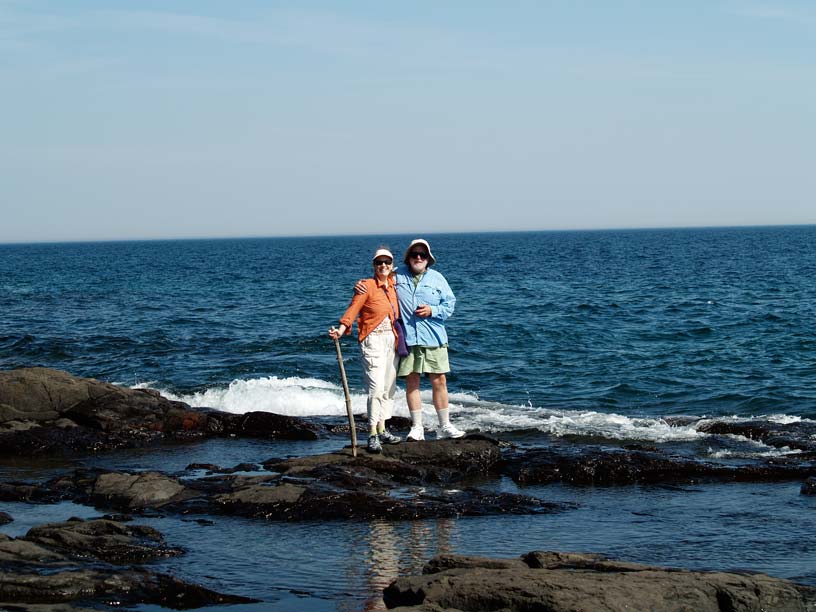 Photo: Jim Hebert and Chris Wilson at shore of Raspberry Island, Lake Superior.