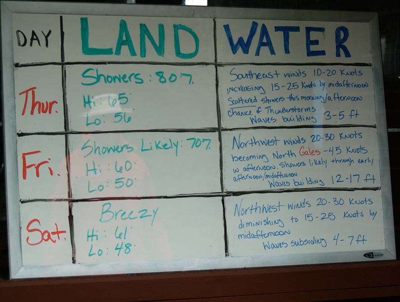 Photo: Weather forecast on white board at ranger station, Rock Harbor, Isle Royale, Lake Superior.