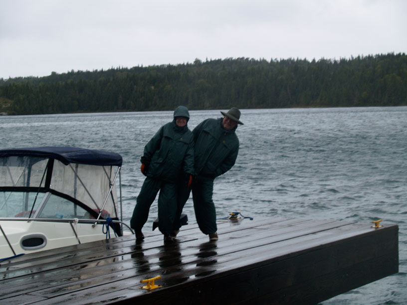 Photo: Hal and Margaret lead into the gale at Tobin Harbor, Isle Royale, Lake Superior