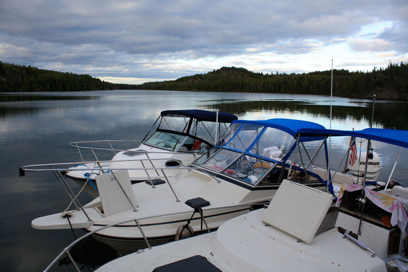 Photo: Three Boston Whaler boats in raft, Chippewa Harbor, Isle Royale, Lake Superior.
