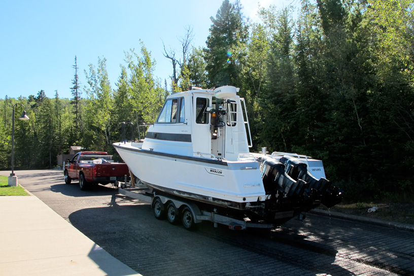 Photo: Ramp at Copper Harbor, Lake Superior, with large Boston Whaler hauling out.