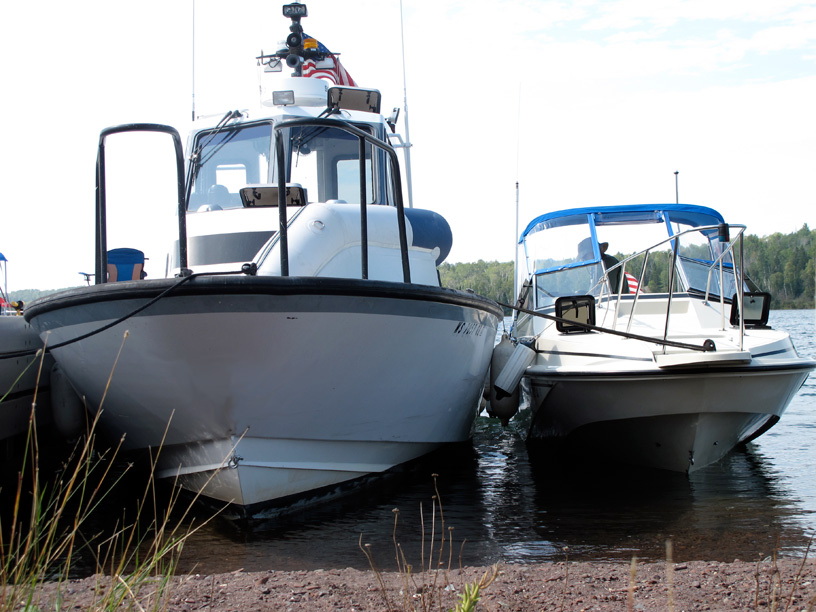 Photo: Boston Whaler 22-foot and 30-foot boats at Hay Bay, Isle Royale, Lake Superior.