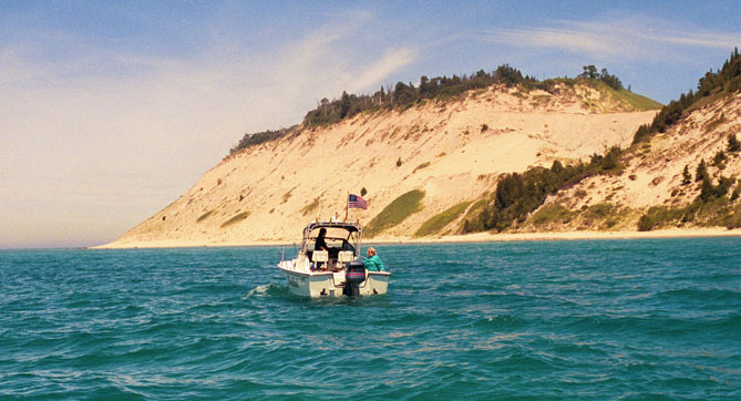 [Photo: BACKLASH off western shore of S. Fox Island.]