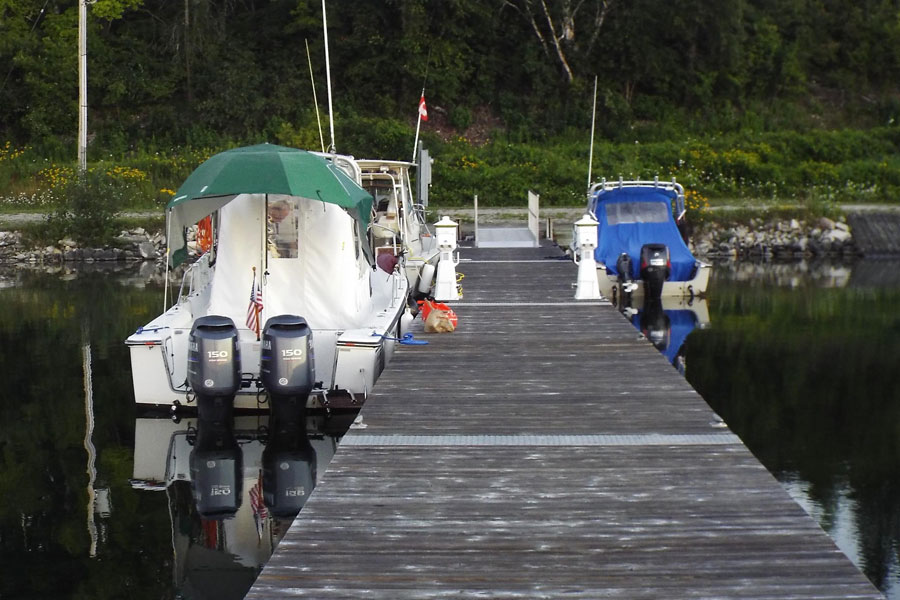 Boats at dock in Meldrum Bay.