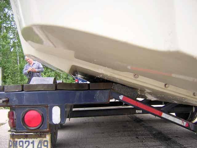 Photo: View of hull on trailer, port side