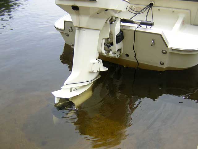 Photo: CONTINUOUSWAVE transom and engine in tannin-colored water.