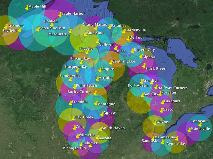Goggle Earth screen capture showing R21 sites in Great Lakes
