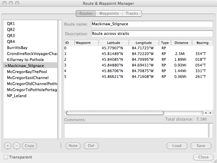 Screen capture of MacOS version PolarView NS route manager window.
