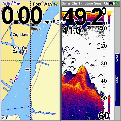 Screen capture Lowrance LMS-520c split screen SONAR simulation