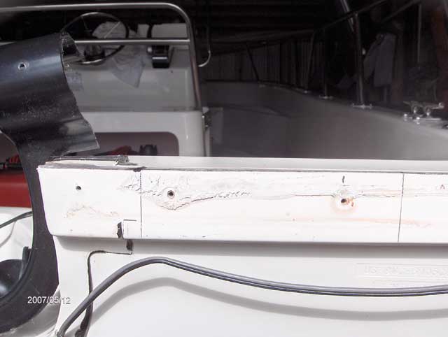 Photo: Stern view of Boston Whaler 170 MONTAUK hull showing transom with rub partially removed.
