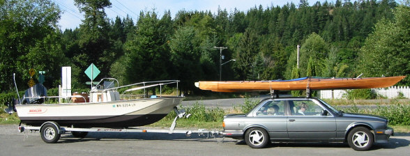 Photo: Whaler on trailer hitched to BMW