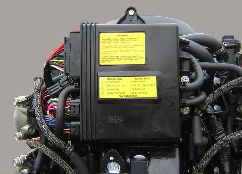 [Photo: Evinrude 225-HP E-TEC Outboard close-up of Electronic Management Module EEM.]