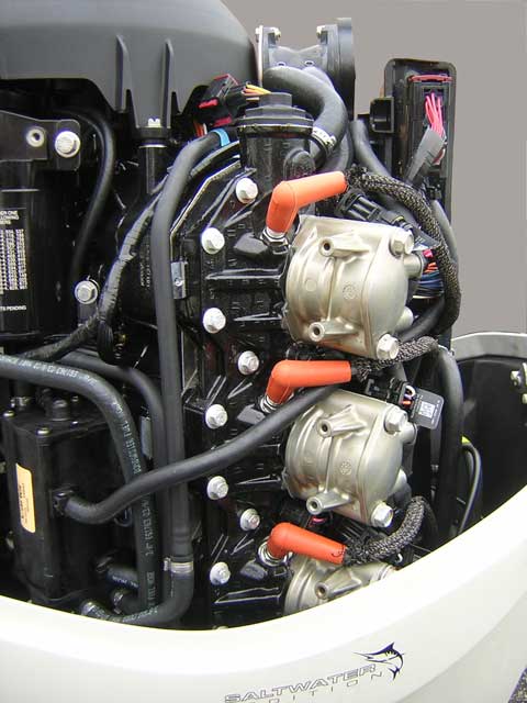 [Photo: Evinrude 225-HP E-TEC Outboard close-up port aft side of engine.]