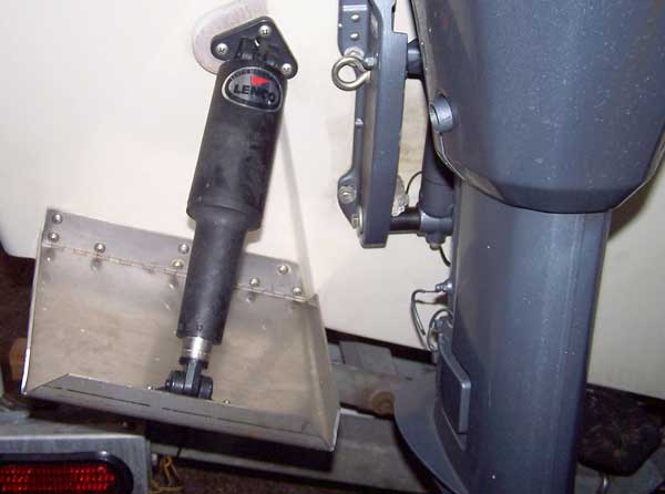 Photo: Trim tab installation on OUTRAGE showing tab moved inboard as far as possible while still located on the non-raised portion of the transom.