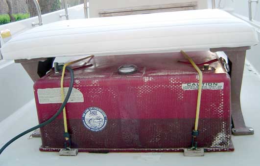 Photo: Red Pate Fuel Tank in cockpit of Whaler Montauk