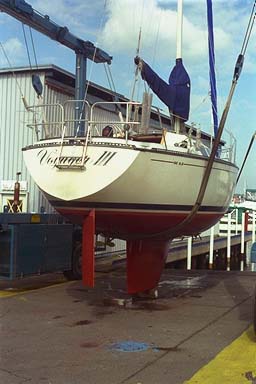 [Photo Voyager III in the haul-out slings]
