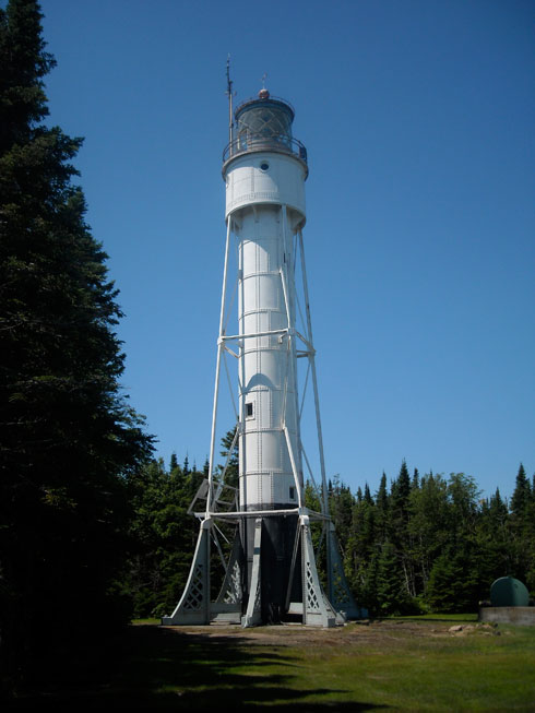 Photo: Devils Island Light tower seen from nearby at grond level, Apostle Islands, Lake Superior, Wisconsin.