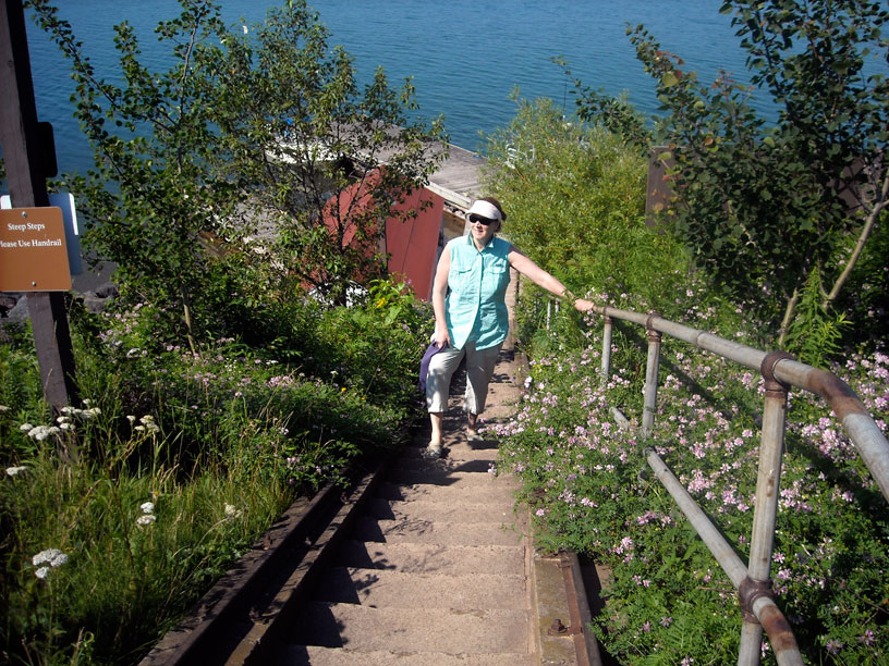 Photo: Stairs ascending from water to light at Raspberry Island, Apostle Islands, Lake Superior, Wisconsin.