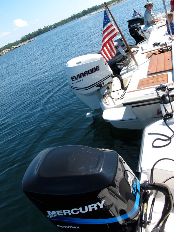 Photo: Four Boston Whaler boats rafted for lunch in Georgian Bay, Lake Huron.