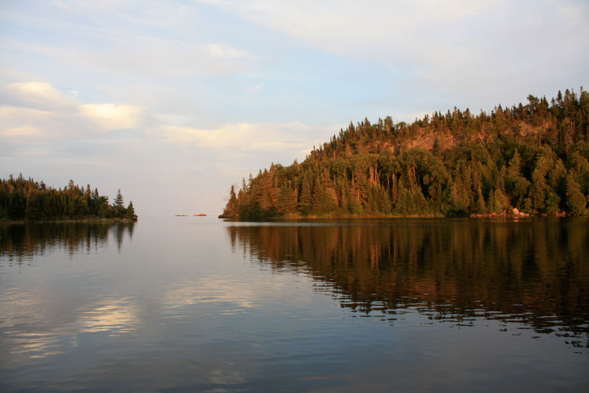 Photo: Tree covered shore at dusk, Isle Royale.