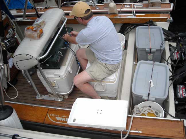 Photo: Cockpit of GAMBLER while rafted in The Pool at the head of Baie Fine for lunch.
