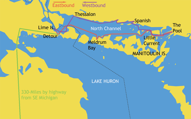 Graphic: Map showing highway and water routes to and from Detour Village, Michigan