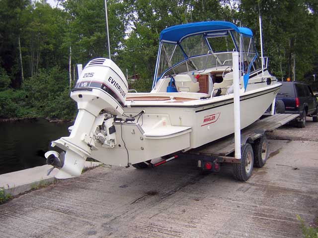 Photo: Boston Whaler REVENGE 22 W-T WD about to launch from trailer at Rapides Des Joachim, Quebec, upper lake.