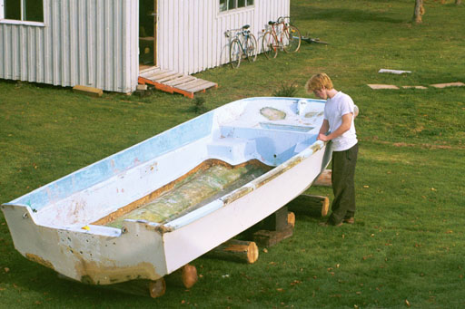 Photo: pre-1972 Whaler 16 bare hull interior with floor removed