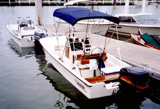 Photo: Whaler 17 Montauk with bracket mounted engine in water, static trim