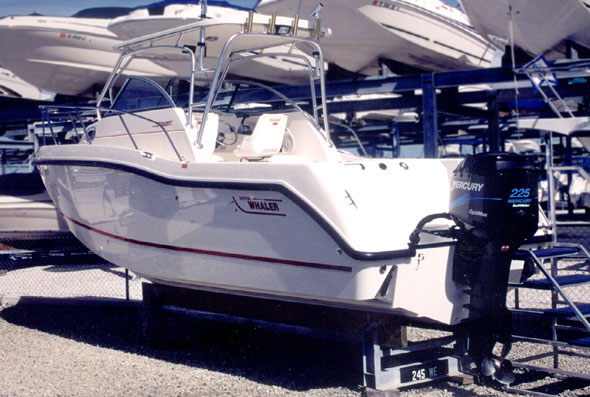 Photo: 2002 255 Conquest port stern quarter view showing details of trim tab pockets 