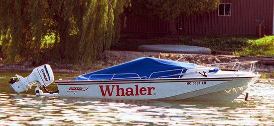 Image: Whaler 22 Outrage Cuddy with bracketed engine on Lake Charlevoix