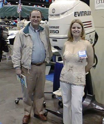 Photo: 2002 Ficht 250-HP Outboard on display at Detroit Boat Show. Don Jahncke and Bombardier model included for size comparison and to permit double entendre on 'cowling' and 'model'.