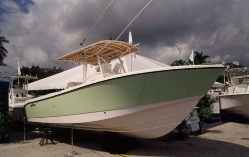 Photo: Edgewater 2002 boat with green hull accent; thunderstorm clouds in background