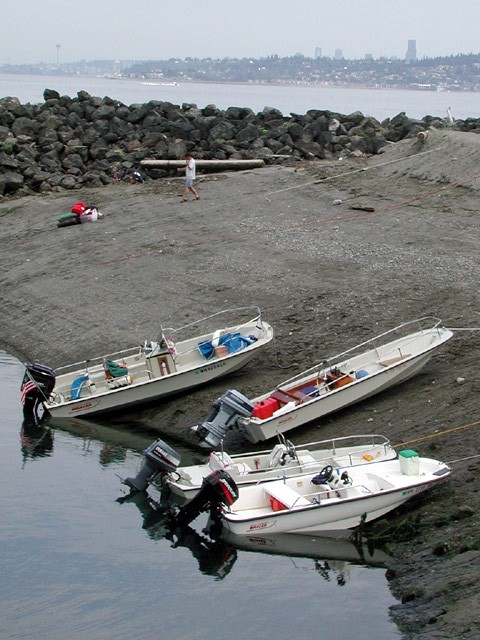 Photo: Whalers hauled up on stoney beach