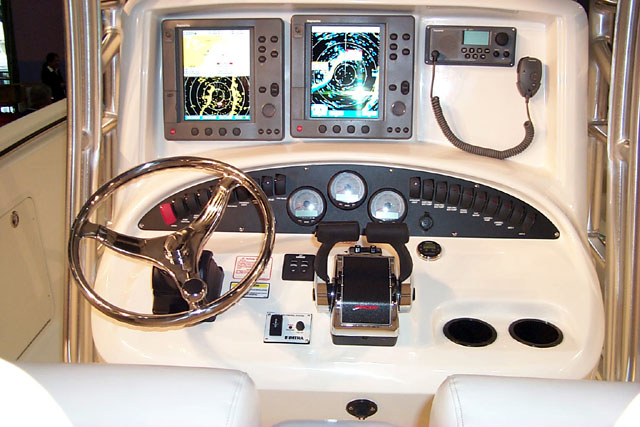 Photo: Boston Whaler 2003 32-Outrage at NYC Boatshow January, 2003. View of helm console