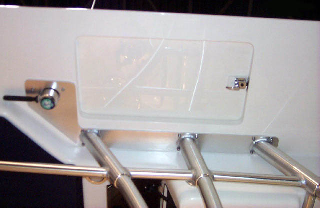 Photo: Boston Whaler 2003 32-Outrage at NYC Boatshow January, 2003. Detail of T-Top hatch