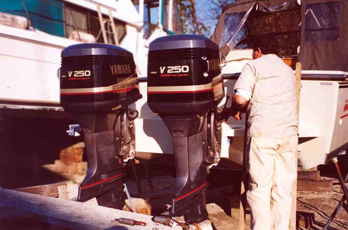 Photo: Twin Yamaha 250-HP outboard engines installed on Stainless Marine bracket on WHALER-27	