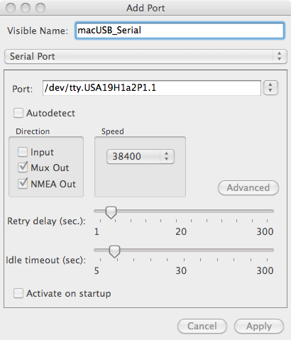 Screen capture of PolarCOM showing configuration for using MacOS USB-RS232 device.