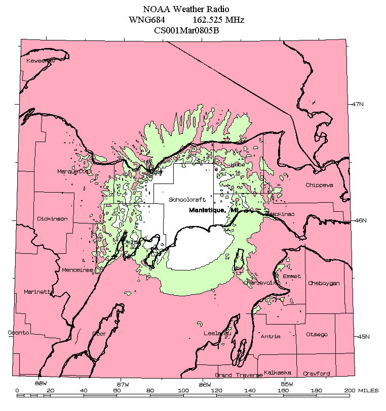 Plot of estimated signal strength verses range for WNG684 in Smith Lake, Michigan. Original source http://www.nws.noaa.gov/