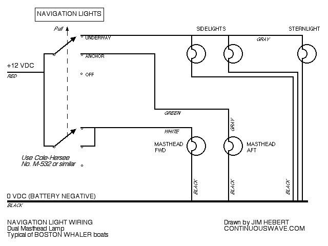 Drawing: Schematic Diagram of Navigation Lamp Wiring on Boston Whaler boats