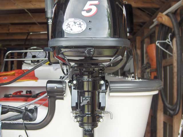 Photo: Stern view of Boston Whaler 170 MONTAUK hull showing final installation with restored gel coat finish.