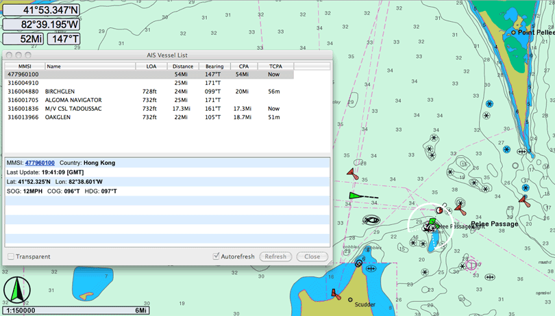 Screen capture of PolarView NS showing AIS transmission reception at range of 54 miles