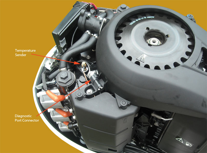 Photo: location of diagnostic connector and temperature sender on 3.3-liter E-TEC